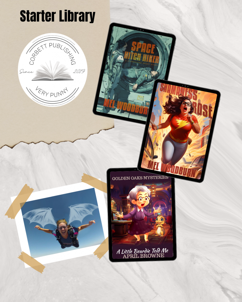 Starter Library stories.  Covers for 3 short stories: Space Hitch Hiker by Mel Woodburn, Shamaness Rose by Mel Woodburn, and A Little Beard Told Me by April Browne